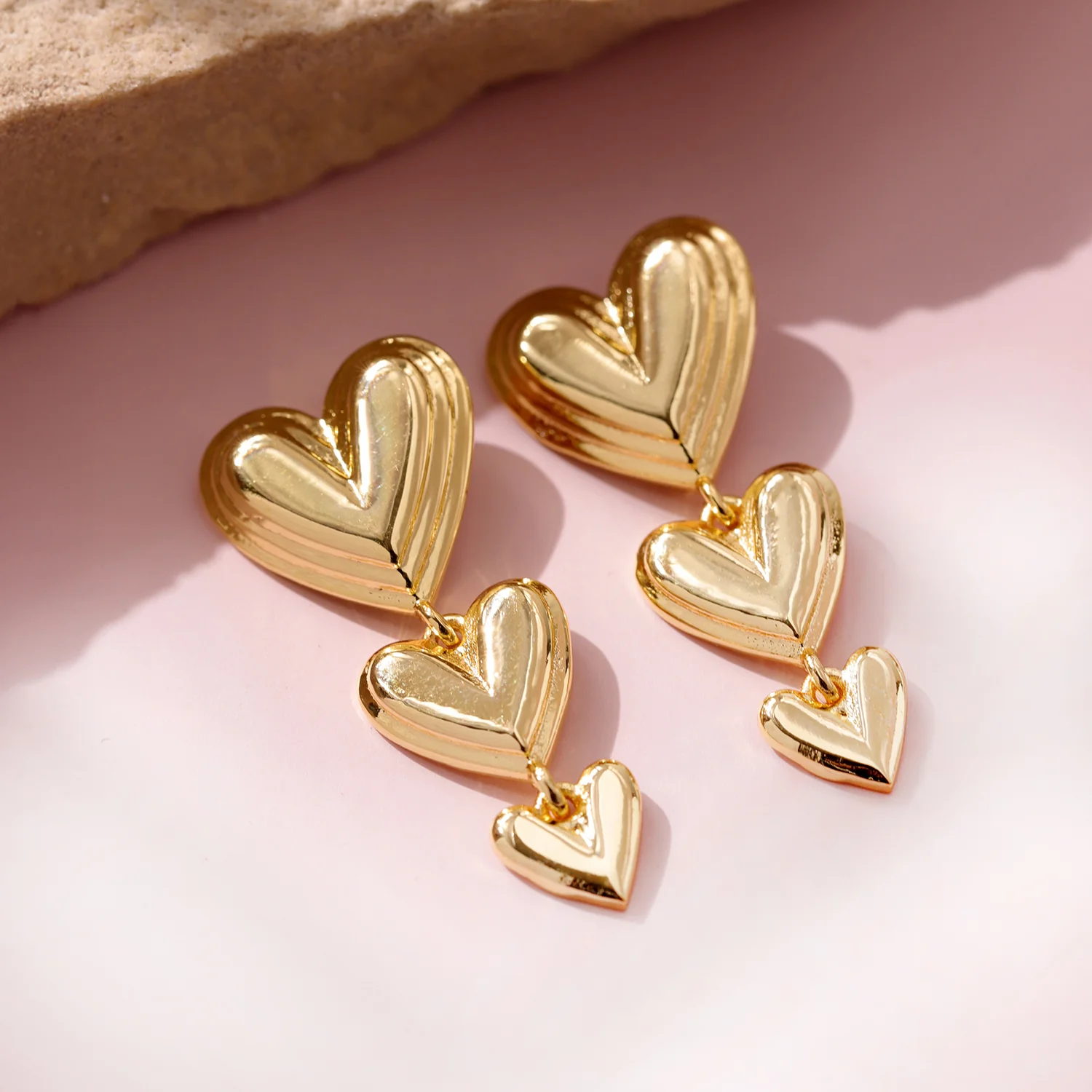 Valentine’s Day Triple Heartfall Gold Dangler Earrings