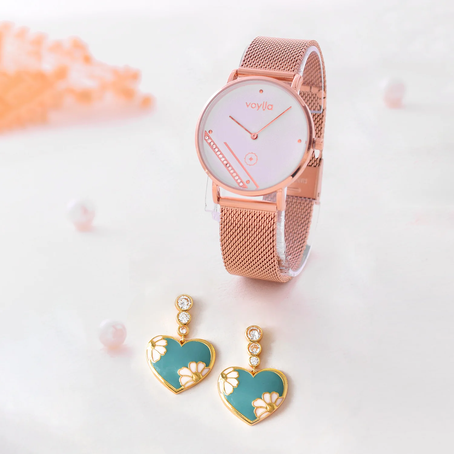Camellia Drop Earrings With Gold Analog Watch Combo