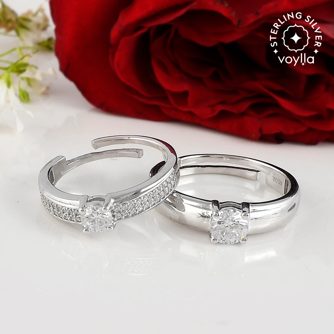 Elegant Sterling Silver Zirconia Adorned Couple Rings - Voylla
