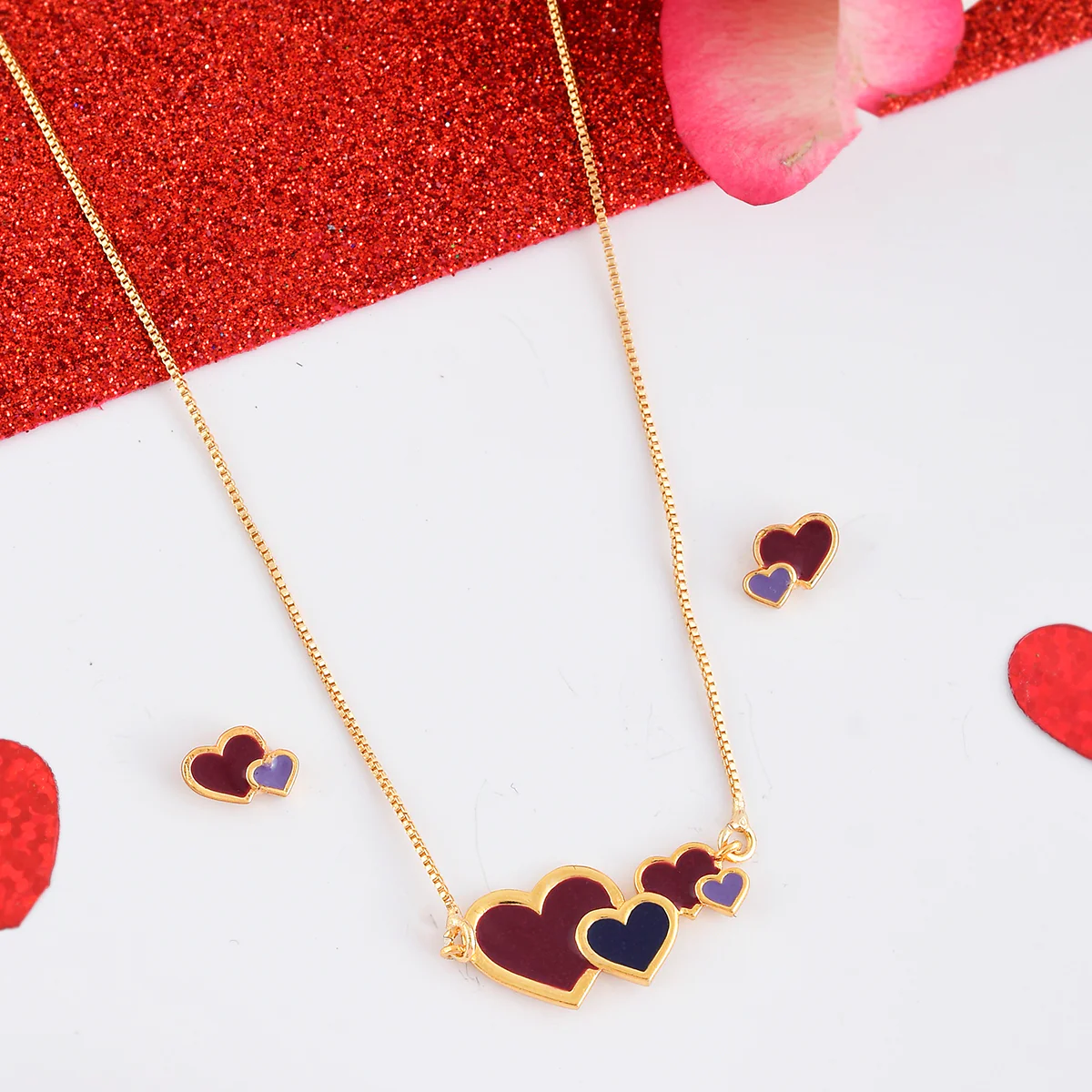 Enamelled Hearts Pendant Set