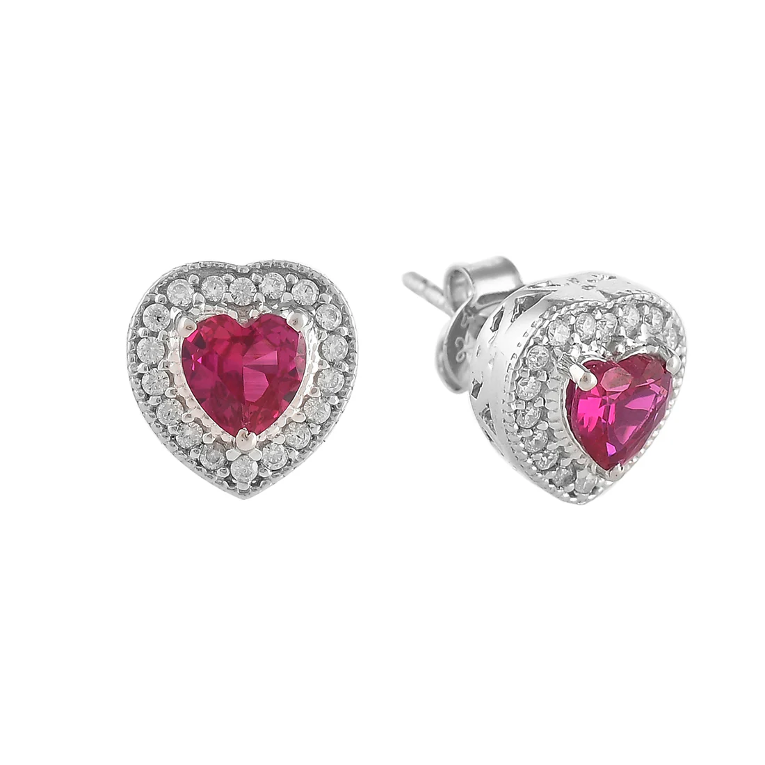 Sterling Silver Heart Red and Silver CZ Stud Earrings - Image 4