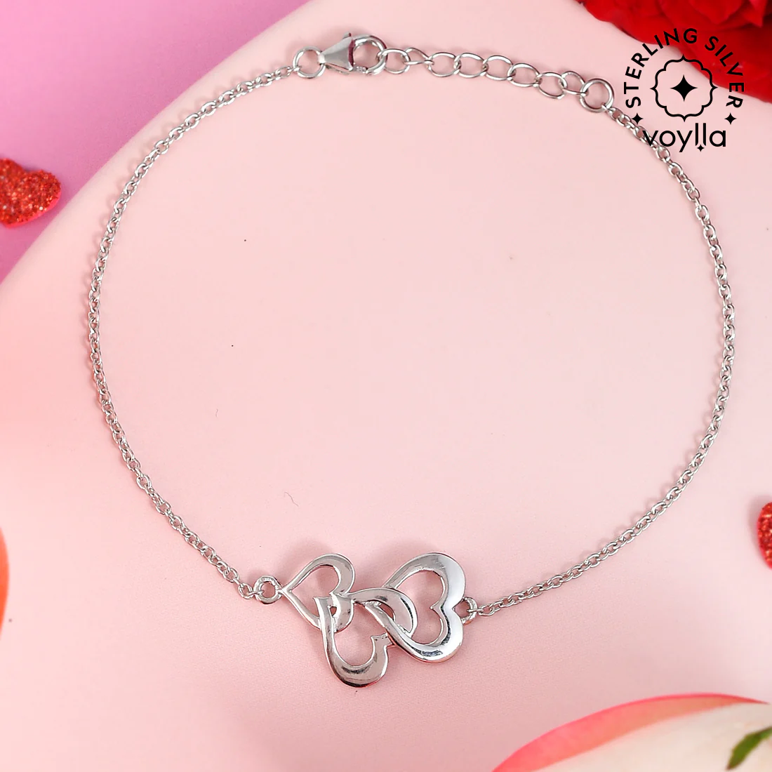 Sterling Silver Interlocked Hearts Chain Bracelet