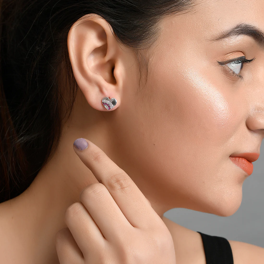 Sterling Silver Pink and Silver CZ Heart Stud Earrings - Image 2