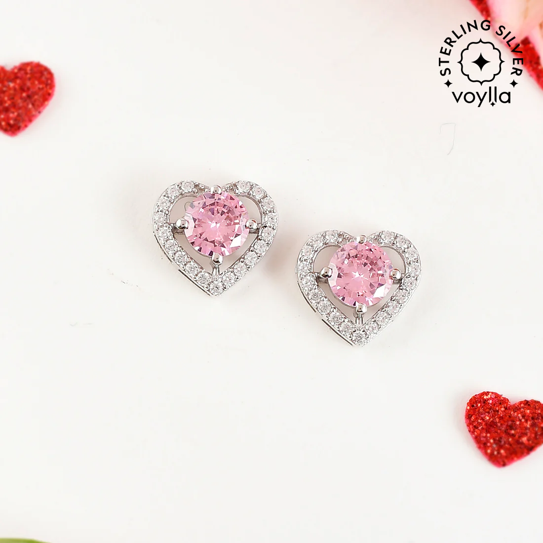Sterling Silver Pink and Silver CZ Hearts Earrings
