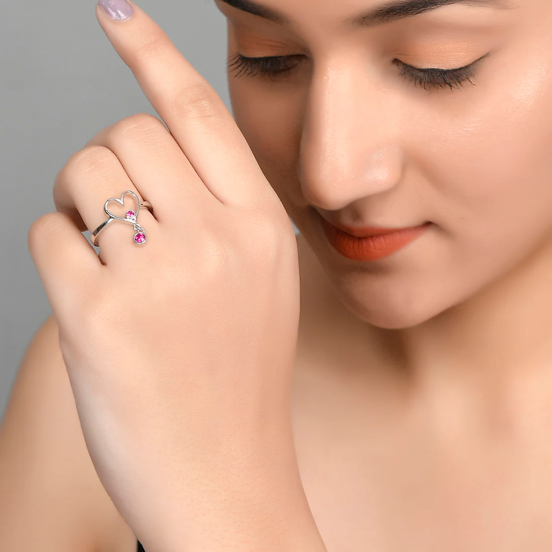 Sterling Silver Pink CZ Heart Drop Ring - Image 2