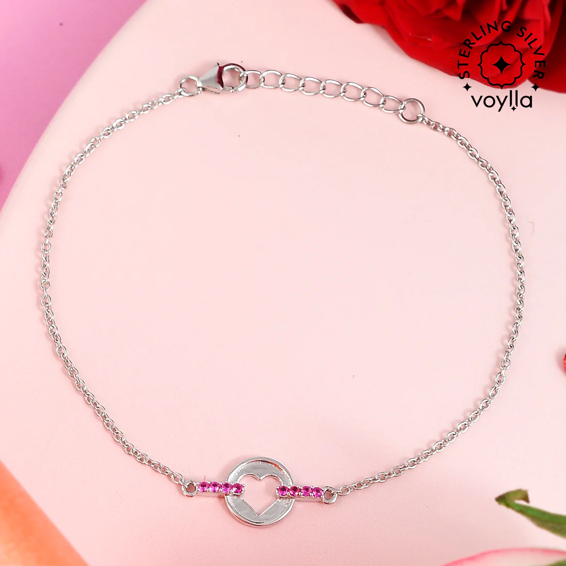Sterling Silver Pink CZ Heart Silver Bracelet