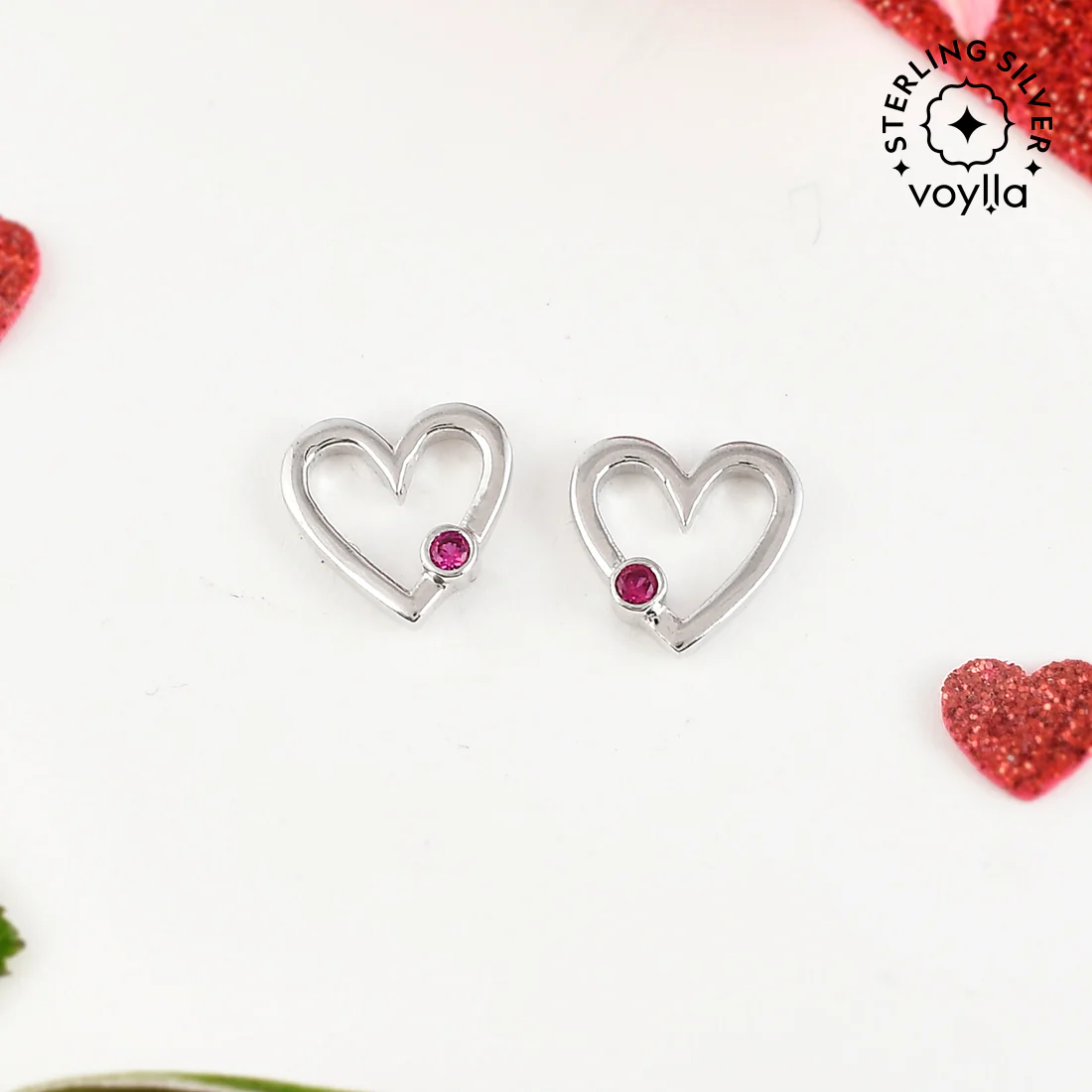 Sterling Silver Pink Zircon Studded Heart Drop Earrings