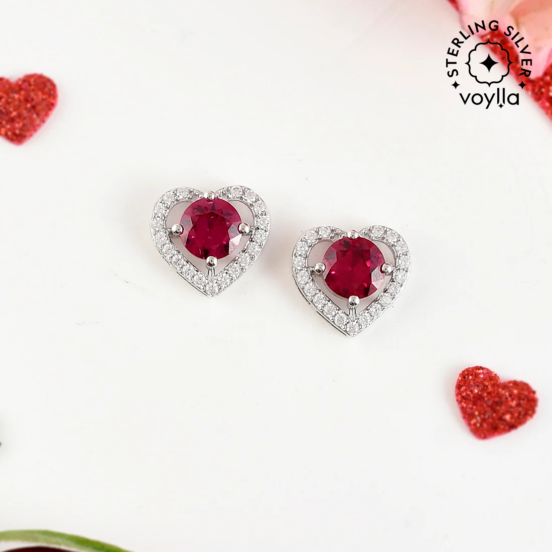 Sterling Silver Red and Silver CZ Heart Earrings
