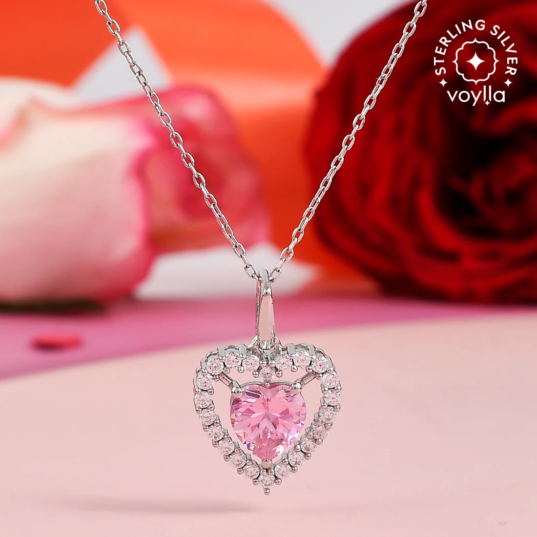 Sterling Silver Pink CZ Heart Pendant
