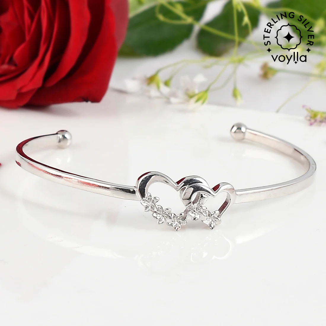 Sterling Silver Studded Linked Hearts Bracelet