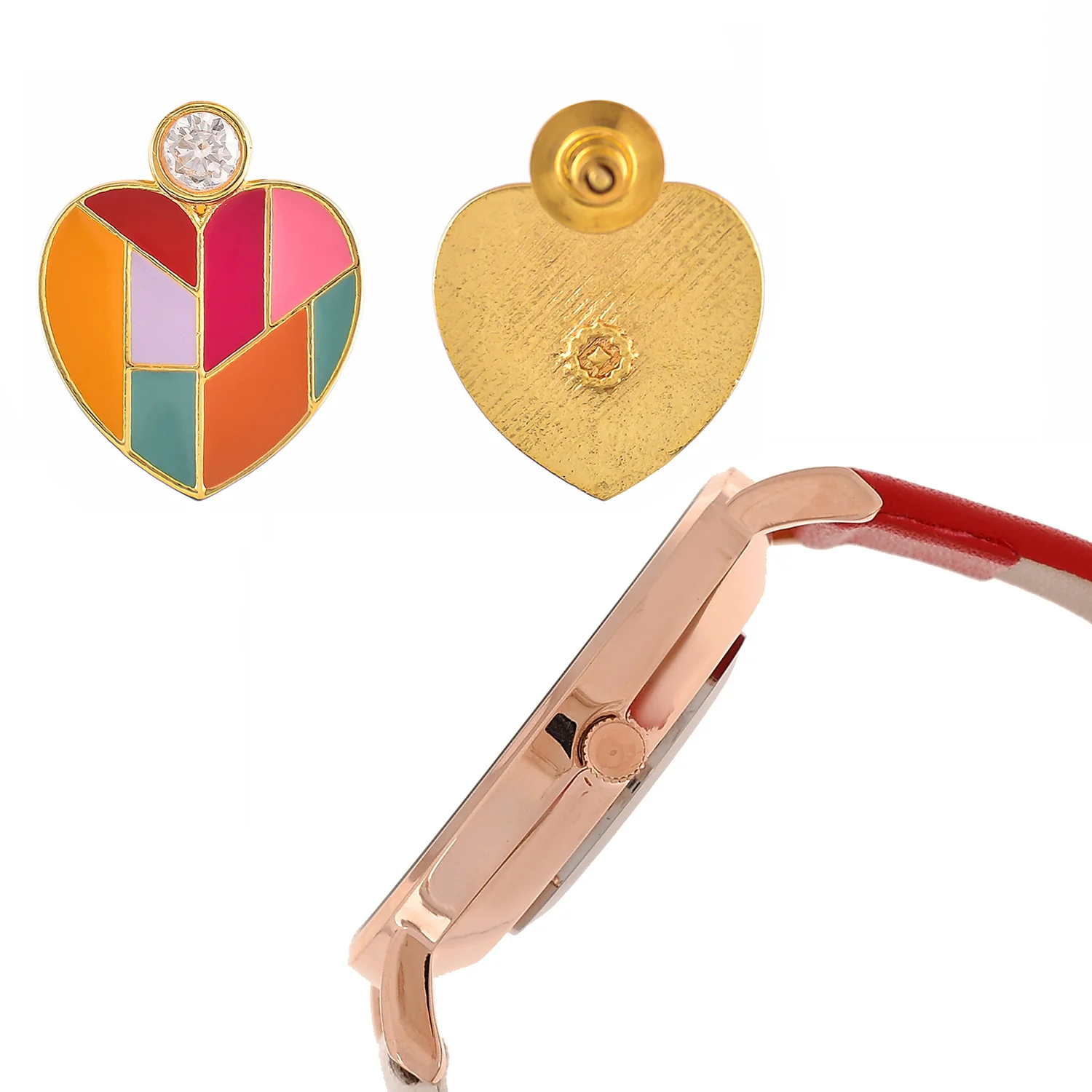 Mosaic Heart Earrings And Red and White Dial Watch Combo - Image 5