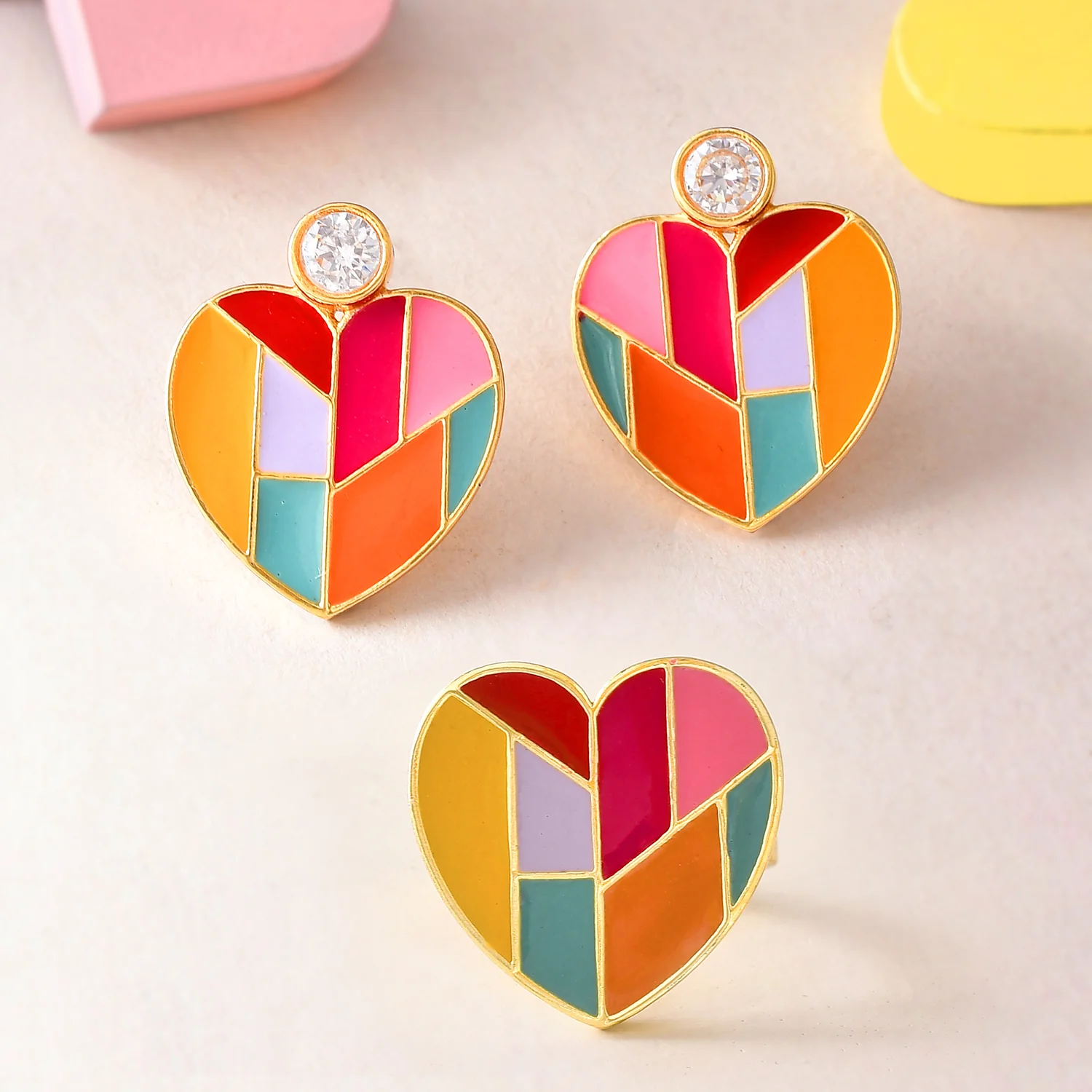 Mosaic Heart Earrings And Ring Combo