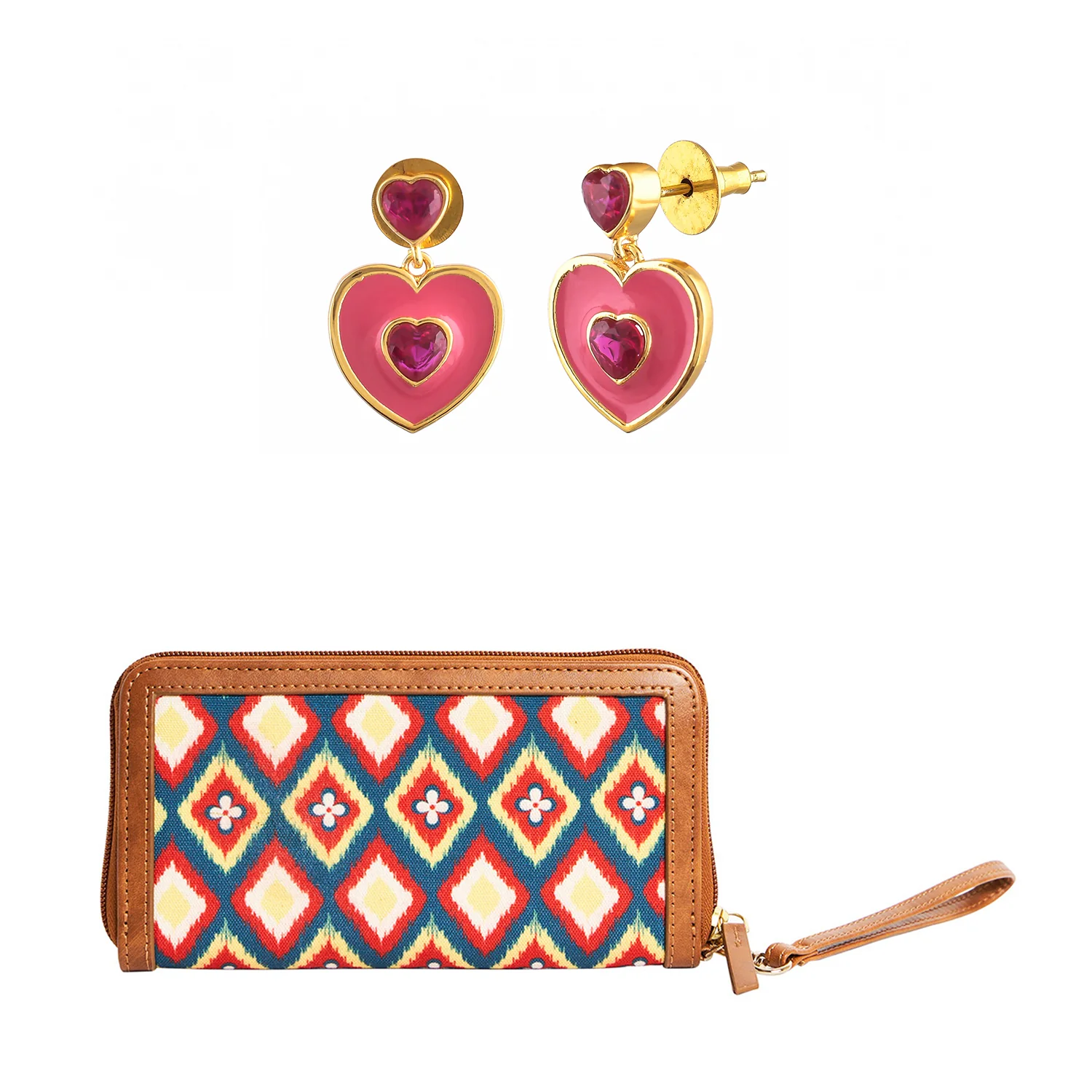Pink Heart Drop Earrings With Ikkat Long Wallet Combo - Image 4