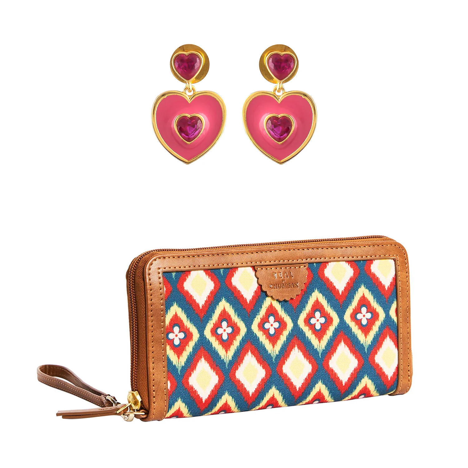 Pink Heart Drop Earrings With Ikkat Long Wallet Combo - Image 5