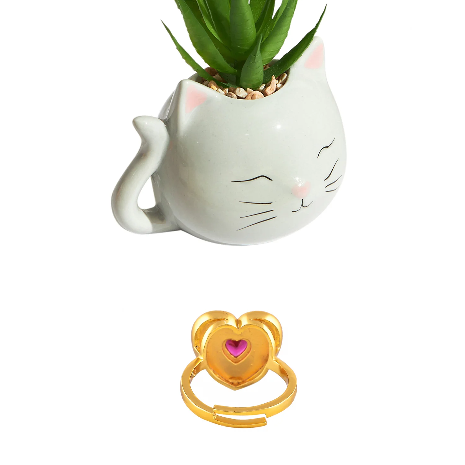 Pink Heart Ring With Blushing Cat Planter Combo - Image 4
