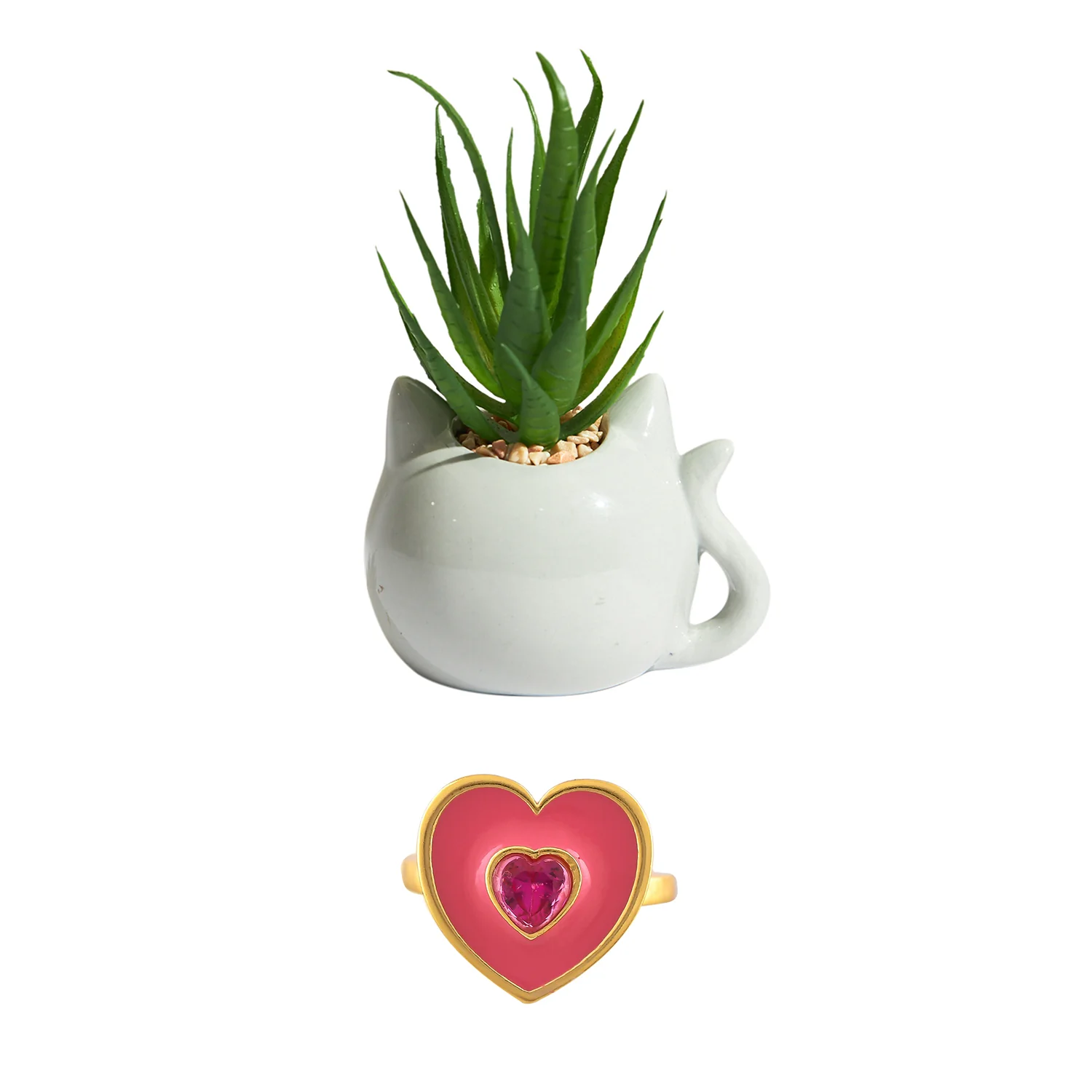 Pink Heart Ring With Blushing Cat Planter Combo - Image 5