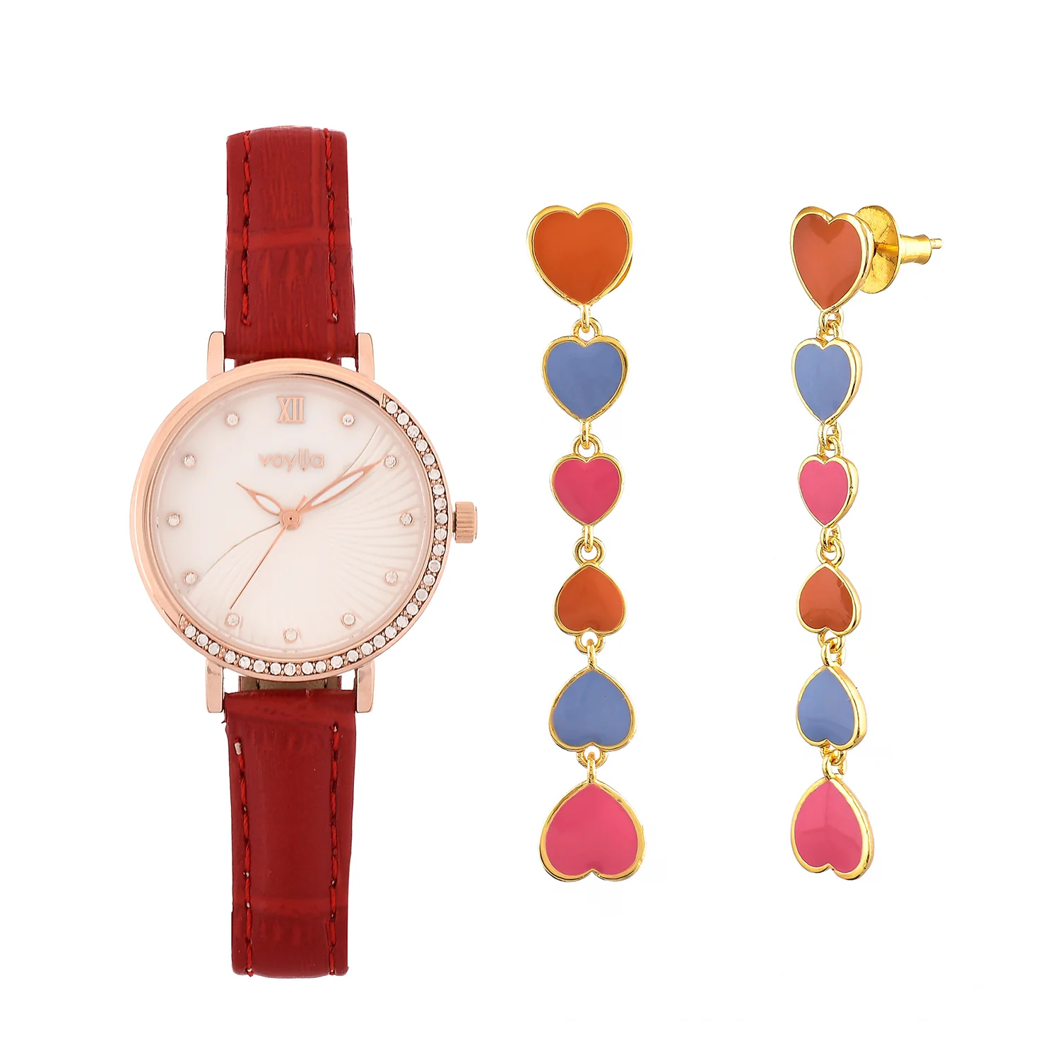 Shades Of Love Long Earrings And Sleek Red Strap Watch Combo - Image 3