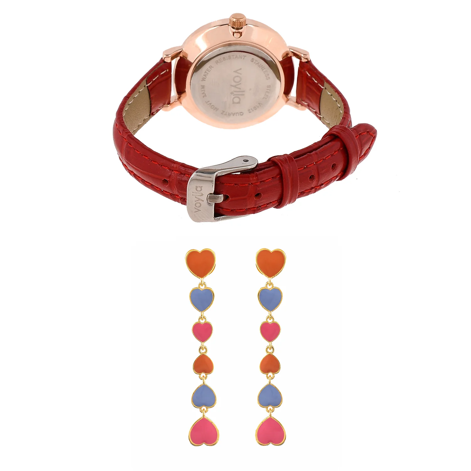 Shades Of Love Long Earrings And Sleek Red Strap Watch Combo - Image 4