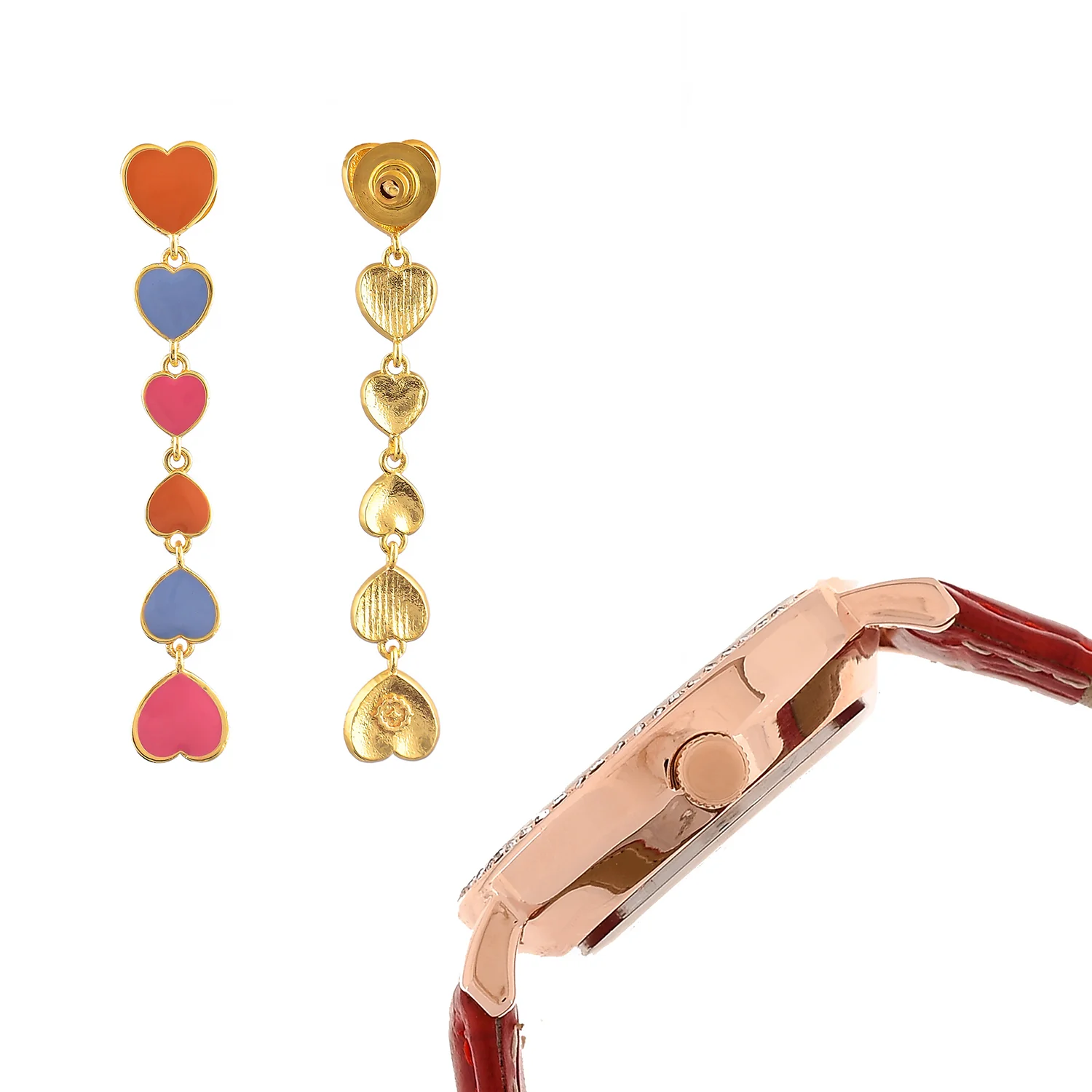 Shades Of Love Long Earrings And Sleek Red Strap Watch Combo - Image 5