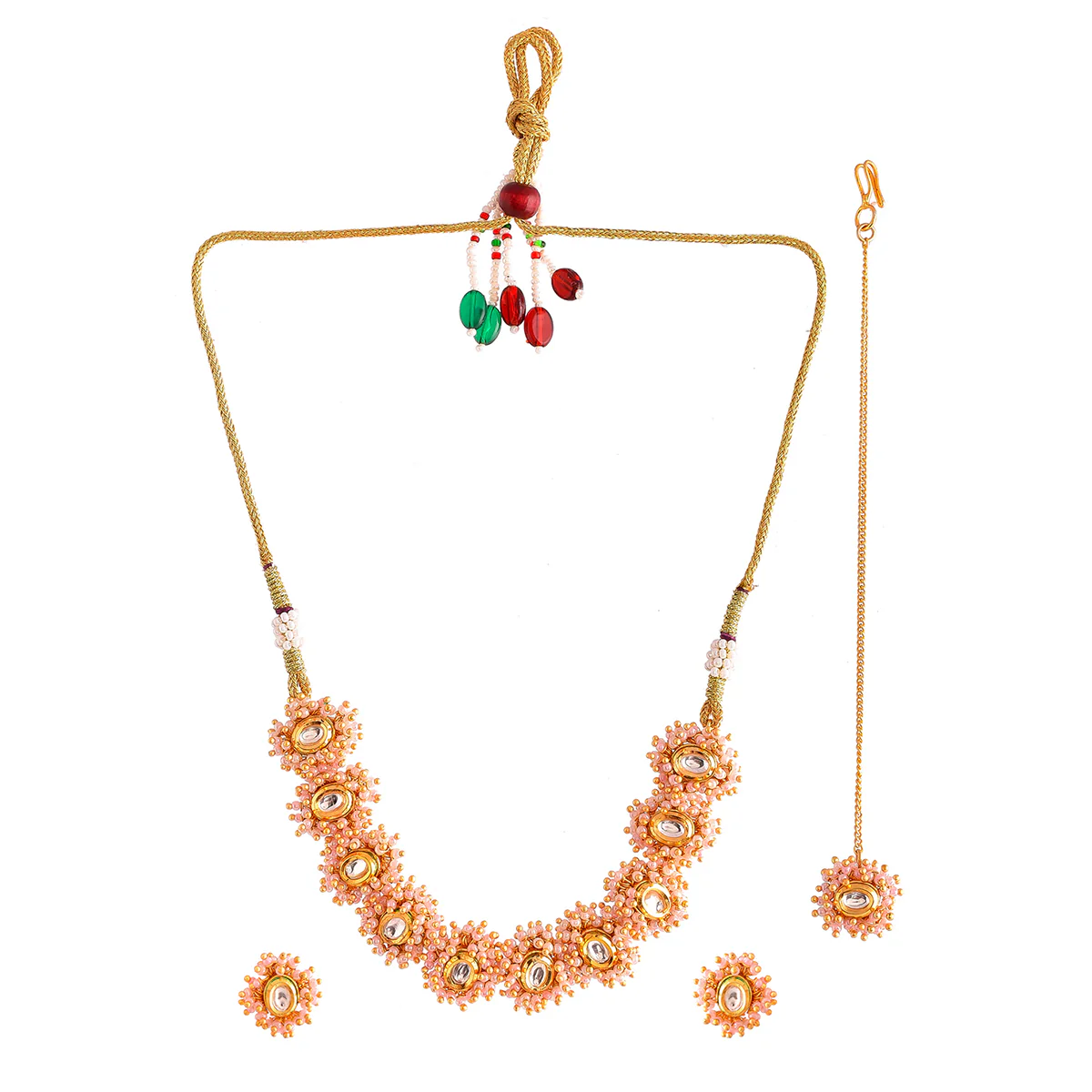 Veerangana Blush Pink Pearls and Kundan Studded Maang Tika Set - Image 3
