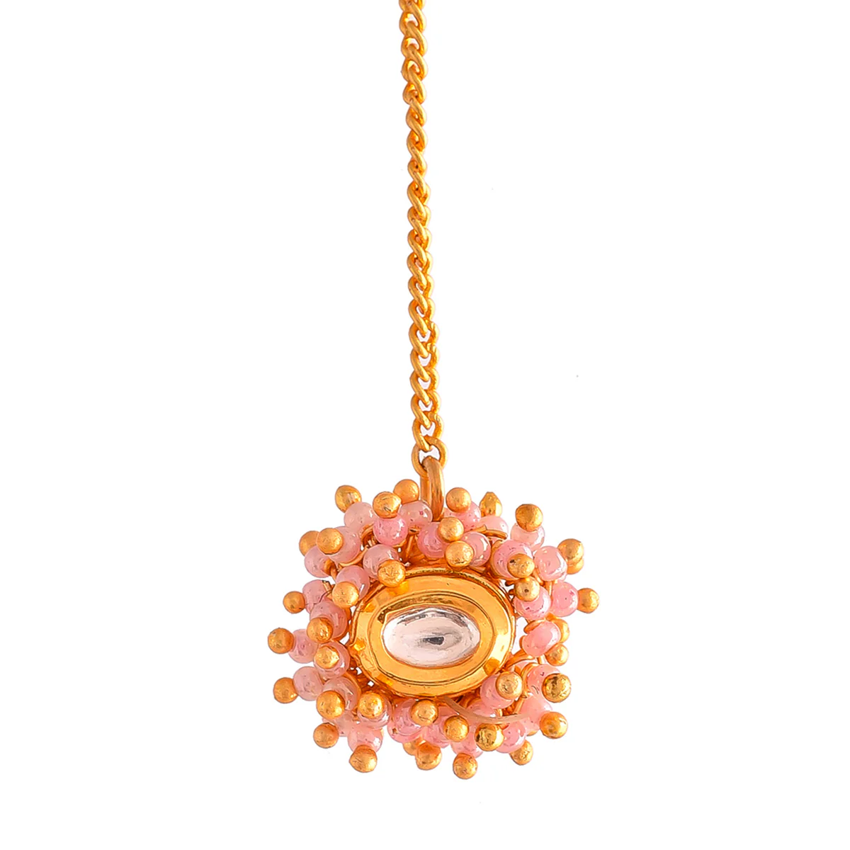 Veerangana Blush Pink Pearls and Kundan Studded Maang Tika Set - Image 8