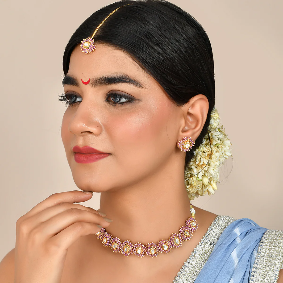 Veerangana Pink Pearls and Kundan Studded Maang Tika Set - Image 2