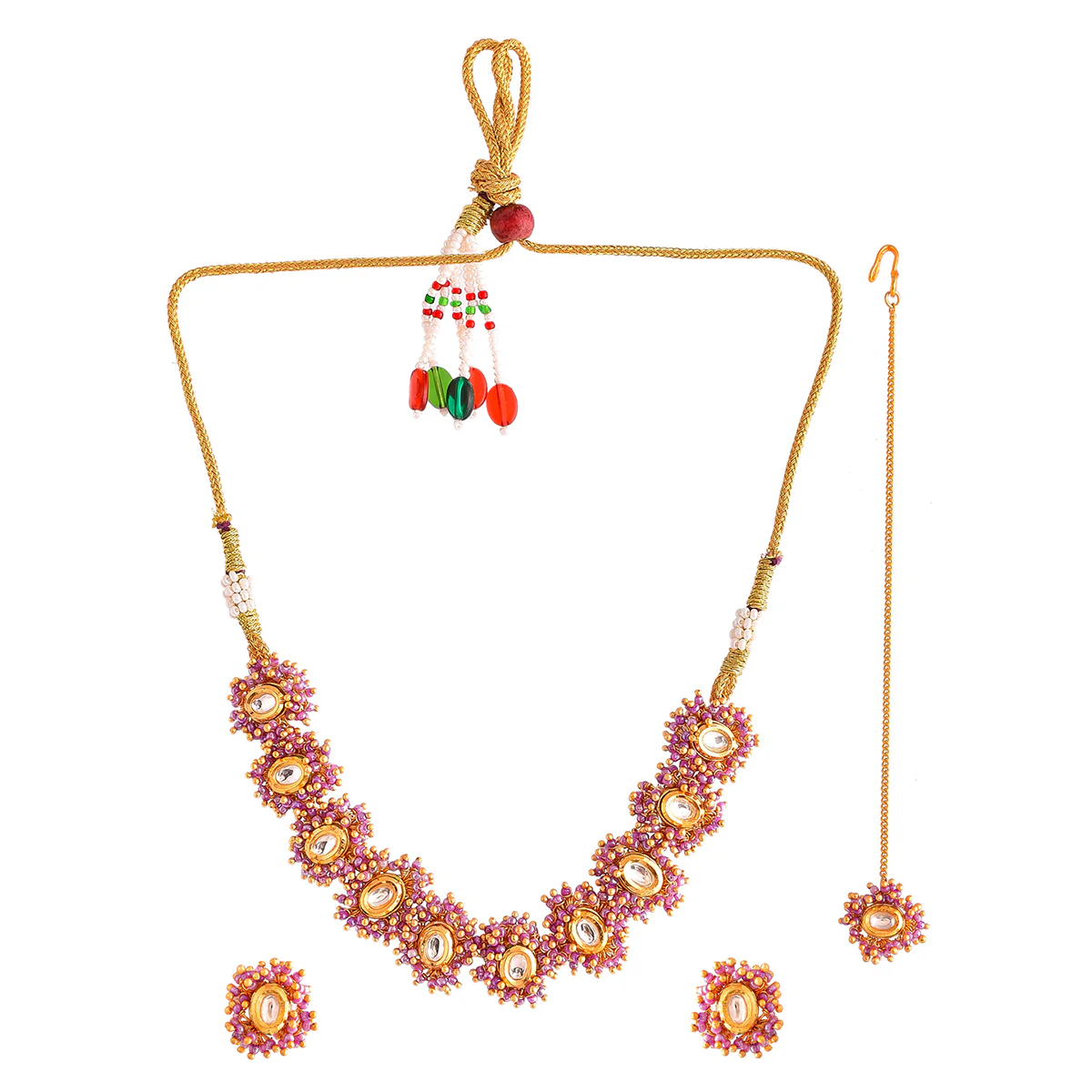Veerangana Pink Pearls and Kundan Studded Maang Tika Set - Image 3