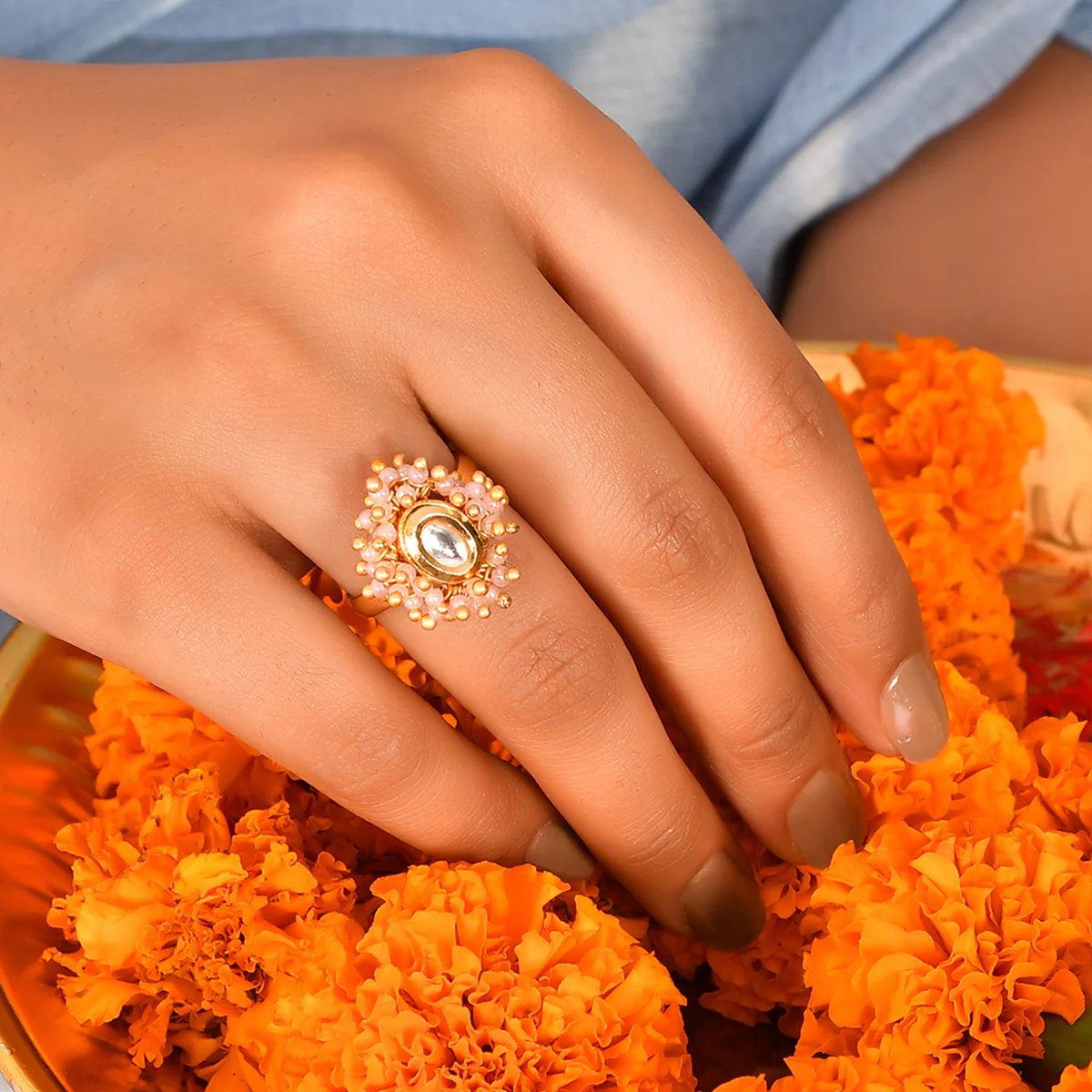Veerangana Pink Pearls and Kundan Studded Ring - Image 2