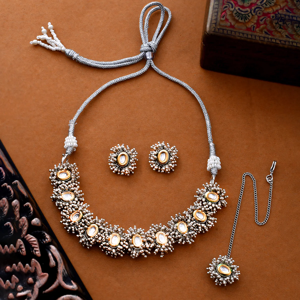 Veerangana White Pearls and Kundan Studded Maang Tika Set