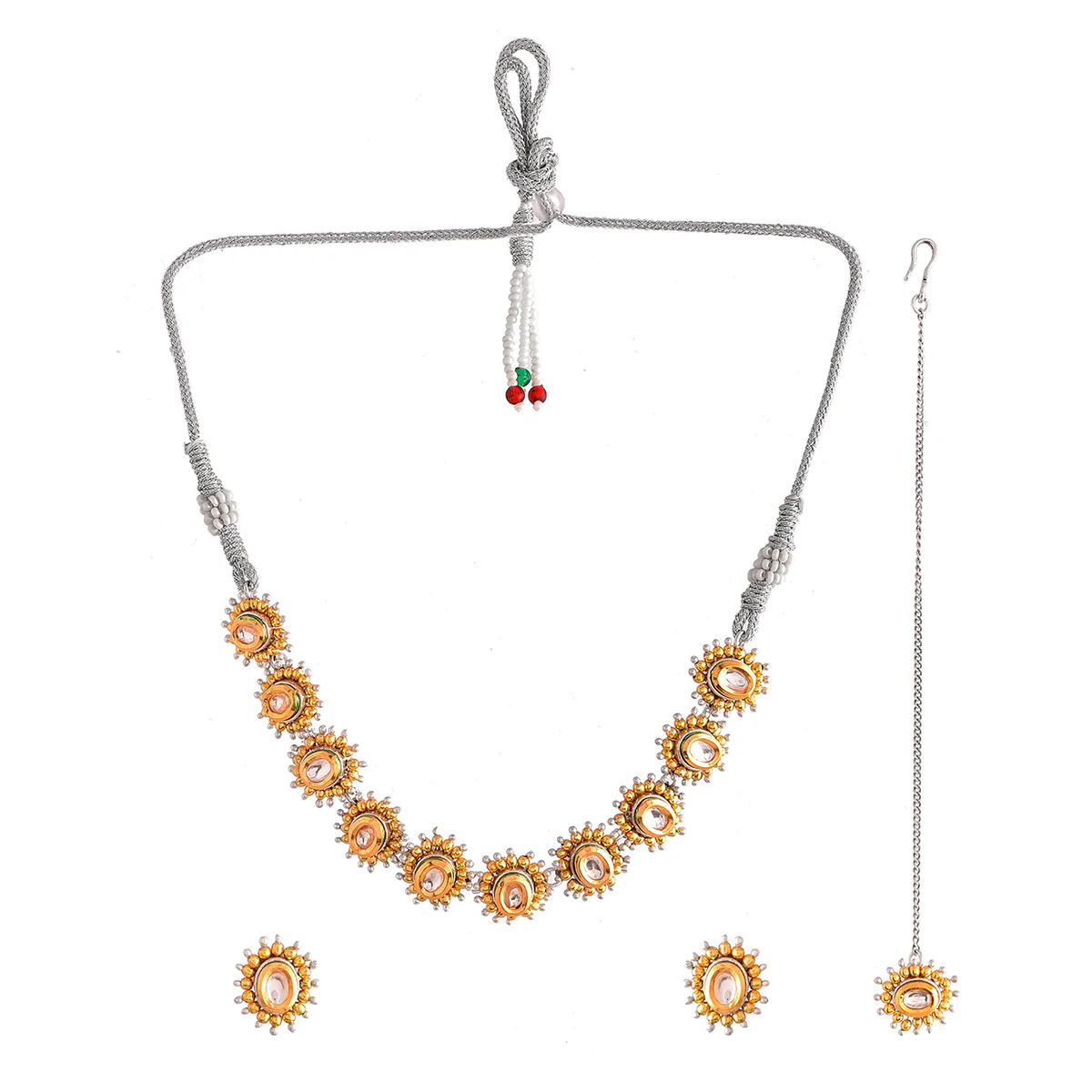 Veerangana White Pearls and Oval Cut Kundan Maang Tika Set - Image 3
