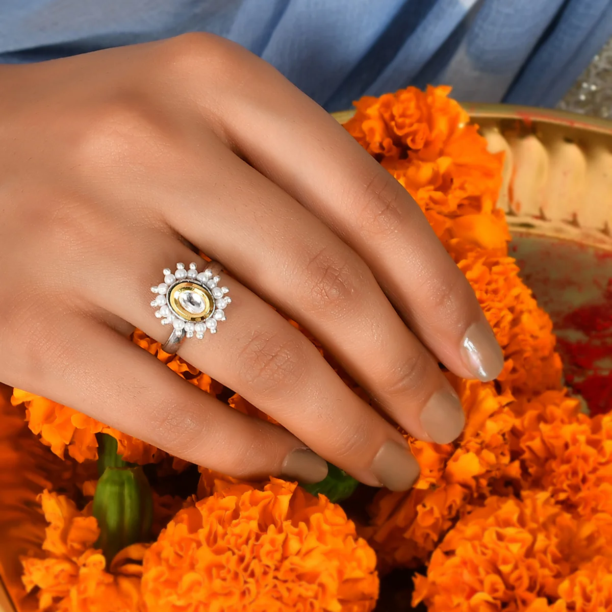 Veerangana White Pearls and Teardrop Cut Kundan Ring - Image 2