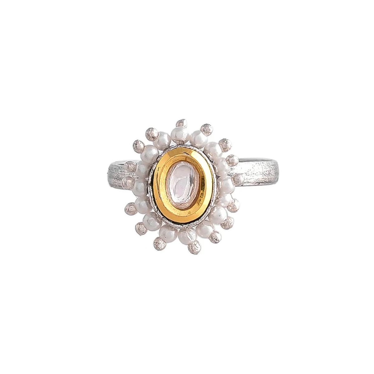 Veerangana White Pearls and Teardrop Cut Kundan Ring - Image 3