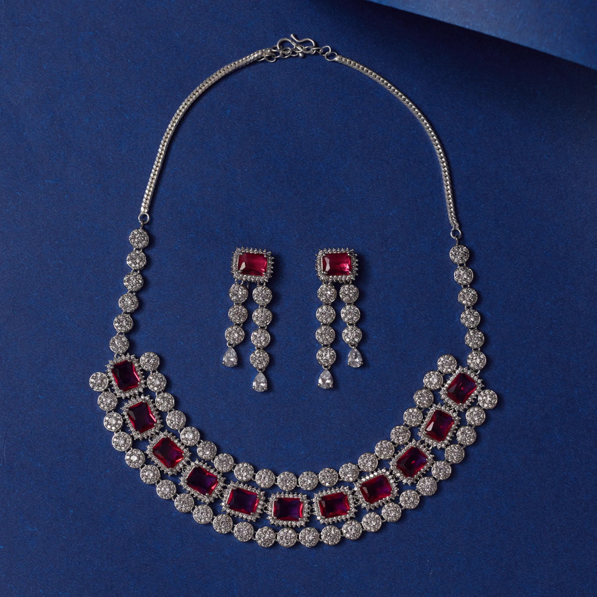 Victorian Inspired Rectangle Cut Stones White Rhodium Jewellery Set