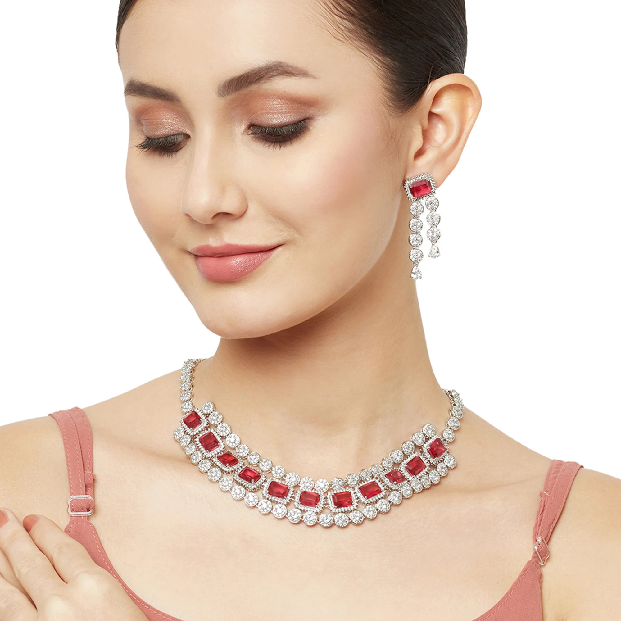 Victorian Inspired Rectangle Cut Stones White Rhodium Jewellery Set - Image 2