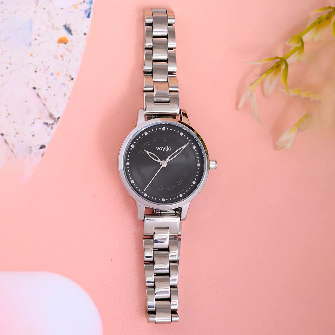 Voylla Silver Toned Black Dial Watch