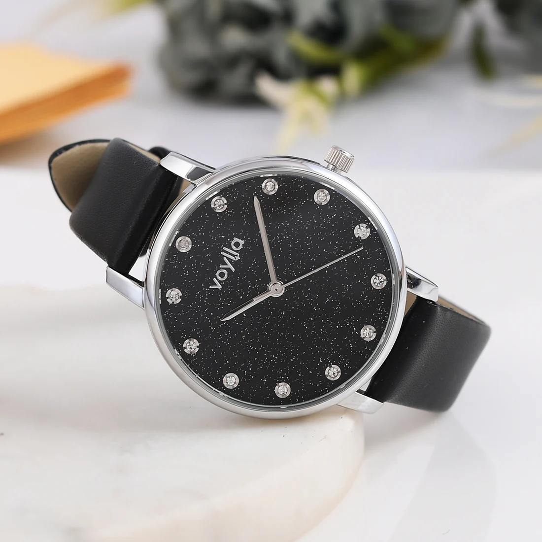Stylish Voylla Watch: Studded Black Dial for Modern Look