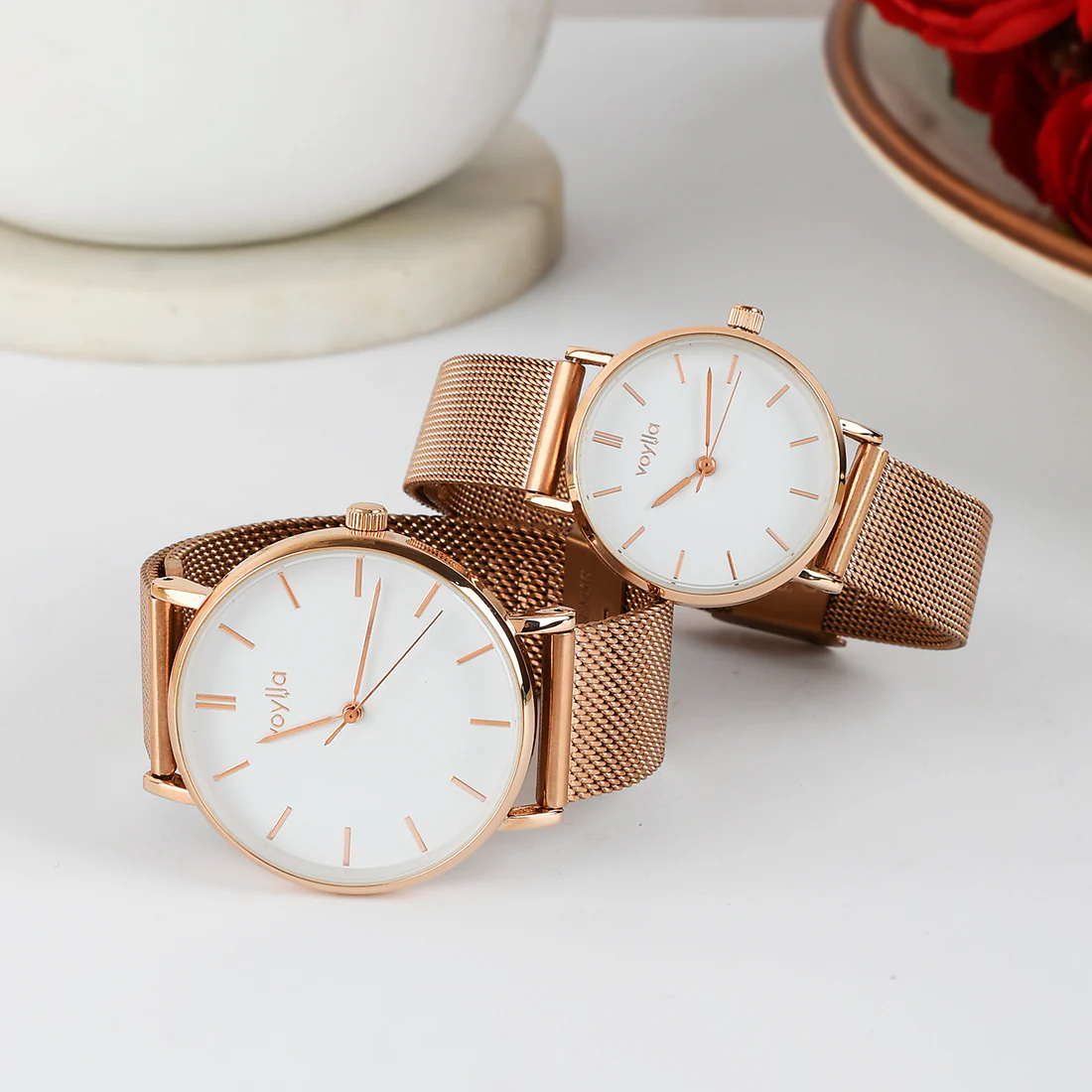 Voylla Rose Gold Mesh Strap Couple Watches