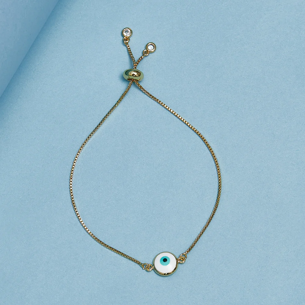 White and Blue Evil Eye Amulet Gold Plated Brass Chain Bracelet