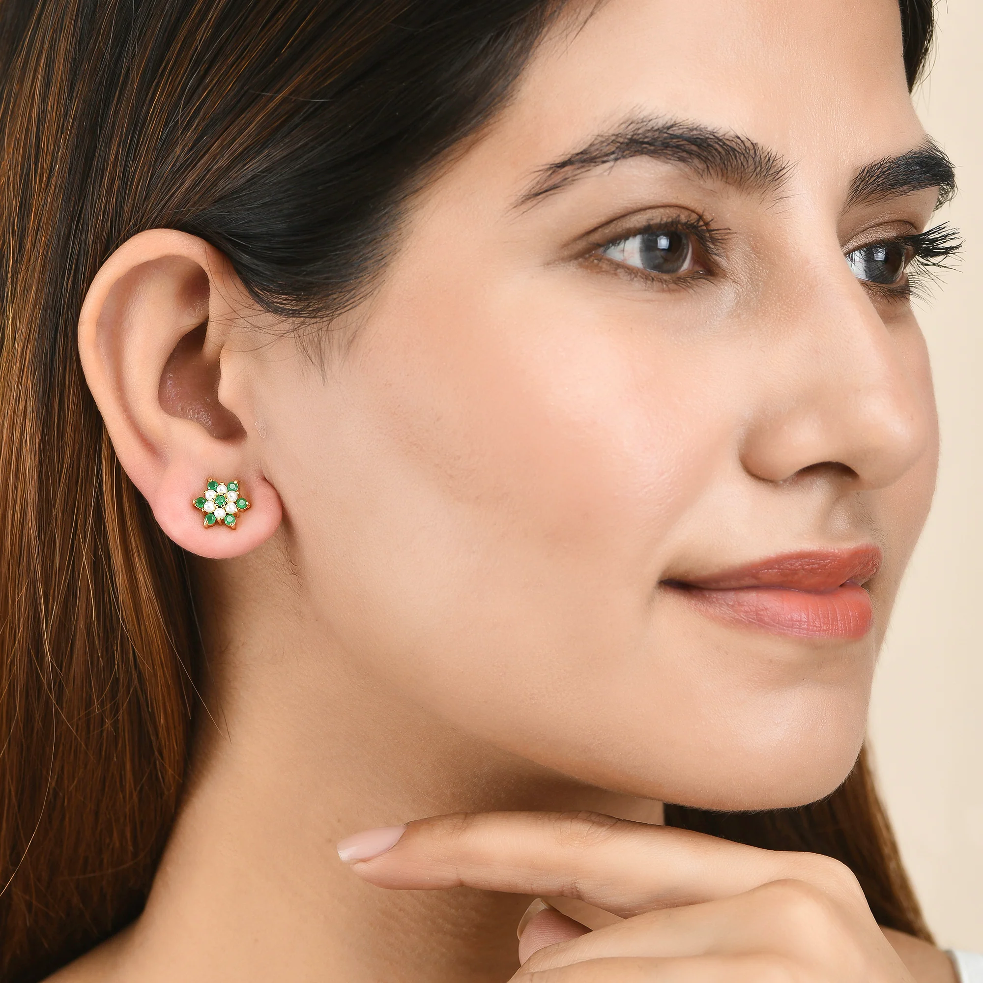 White and Green CZ Gems Floral Stud Earrings - Image 2