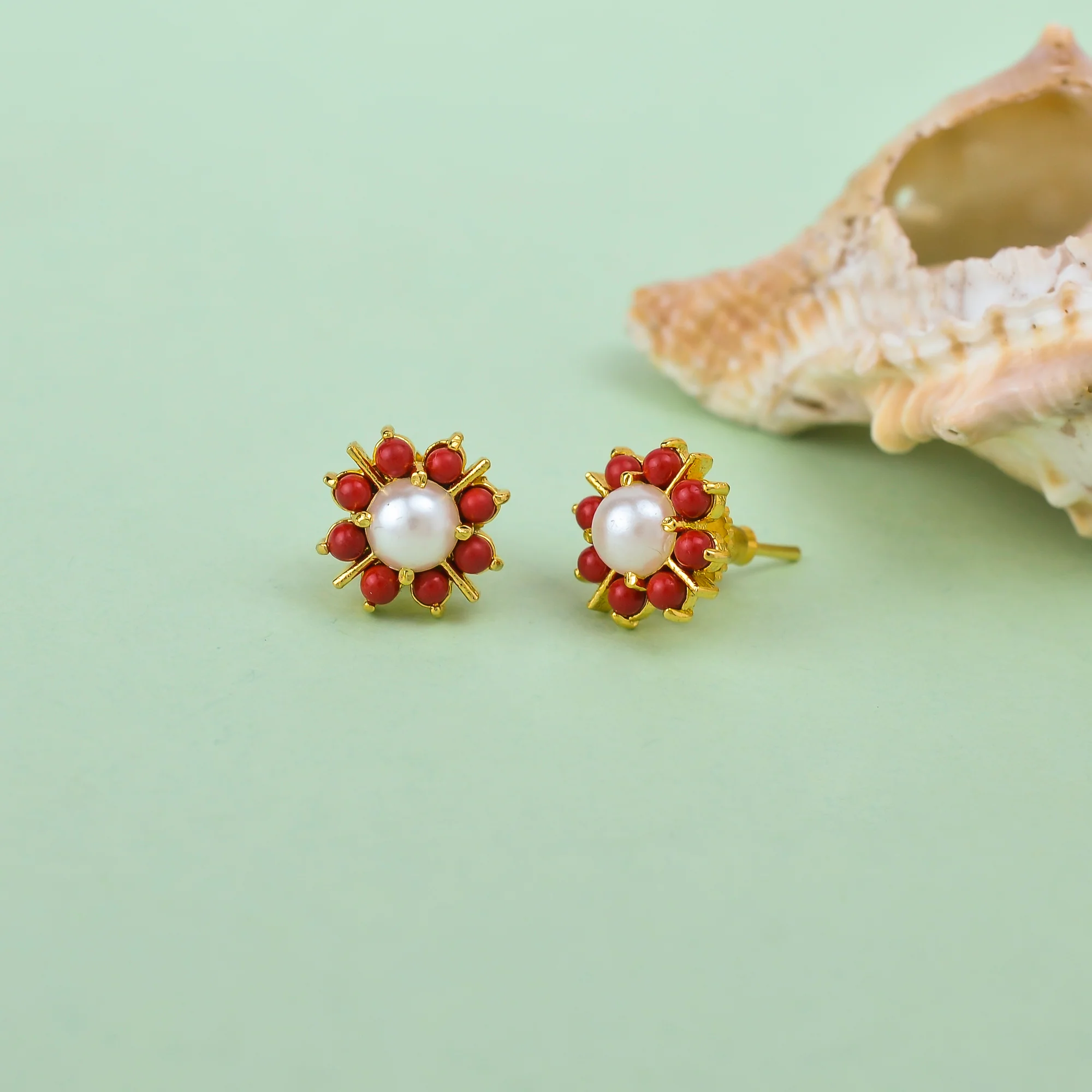 White and Red Beaded Stud Earrings