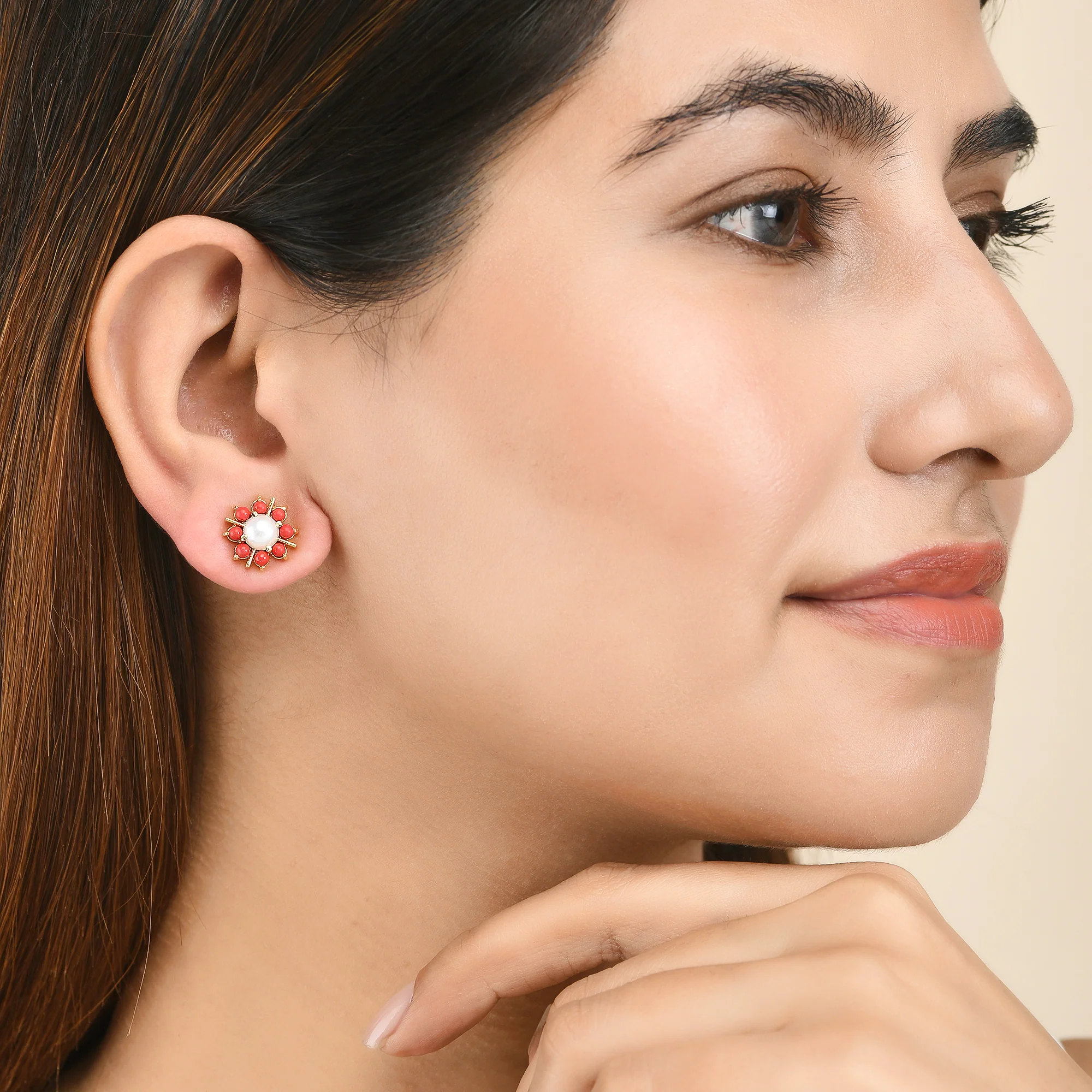 White and Red Beaded Stud Earrings - Image 2