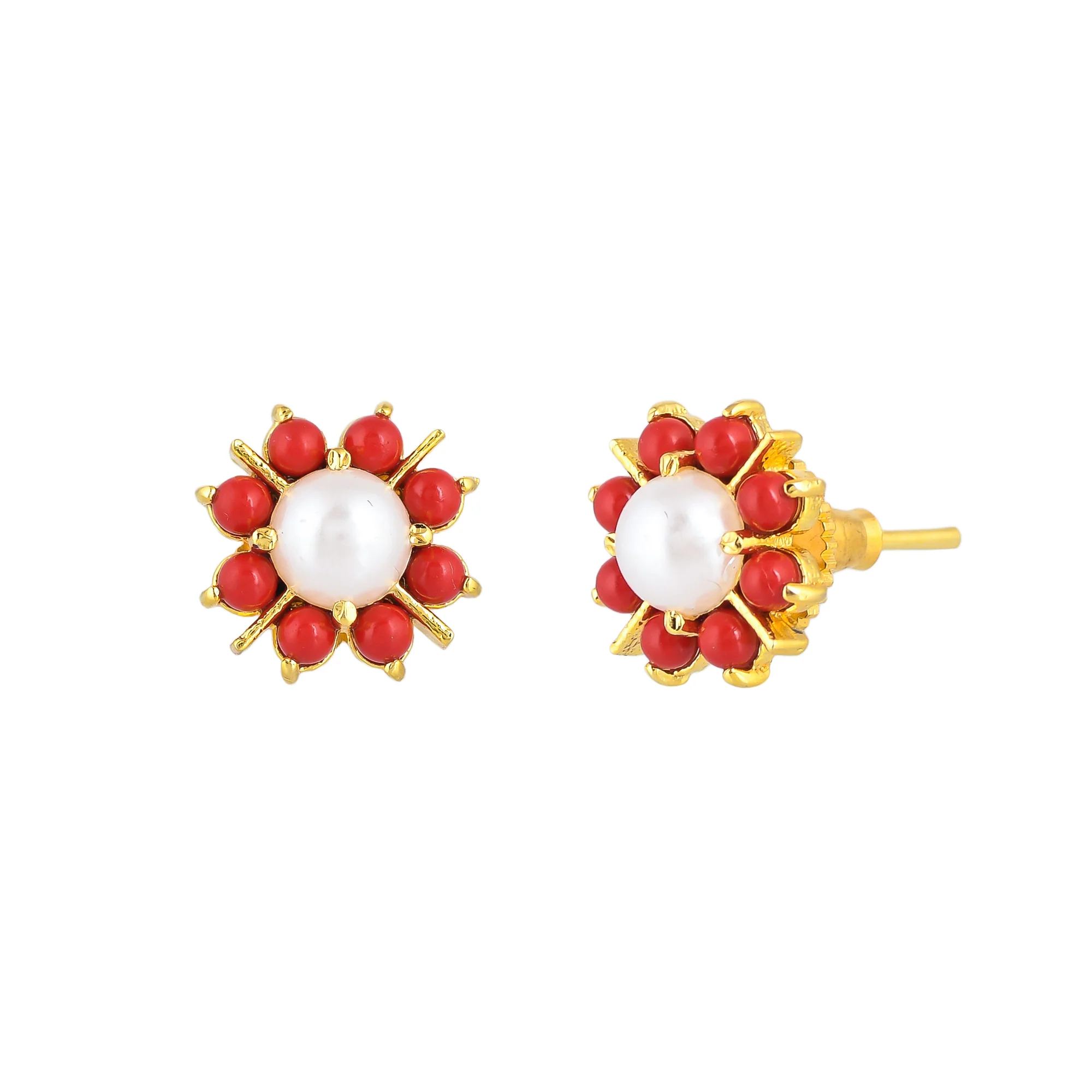 White and Red Beaded Stud Earrings - Image 4