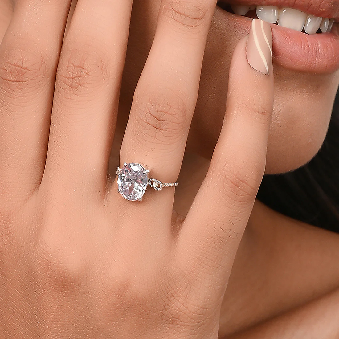 White CZ Studded 925 Sterling Silver Adjustable Ring - Image 2