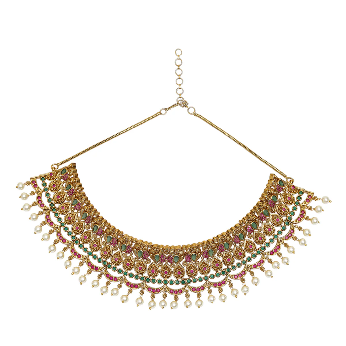 White Faux Pearls Adorned Gold Toned Brass Jewellery Set - Image 3