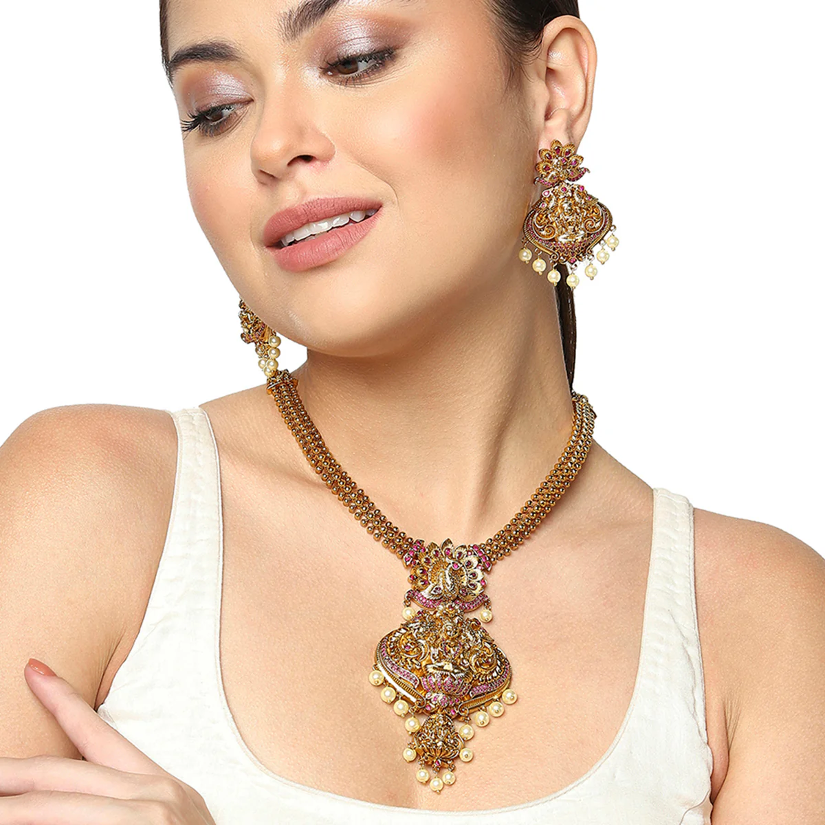 White Faux Pearls Adorned Temple Design Brass Gold Plated Jewellery Set - Image 2