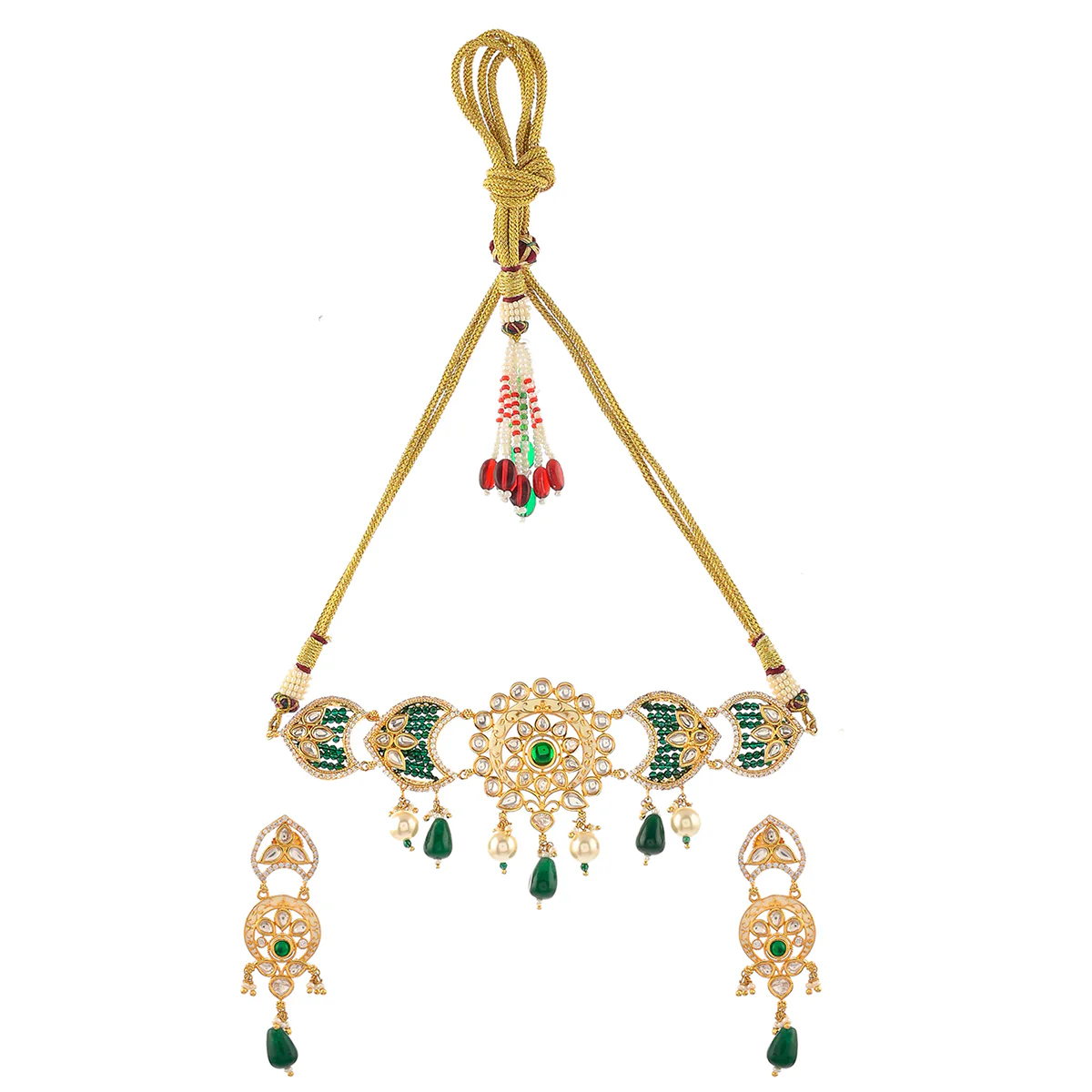 White Faux Pearls and Kundan Adorned Floral Gold Plated Brass Jewellery Set - Image 3