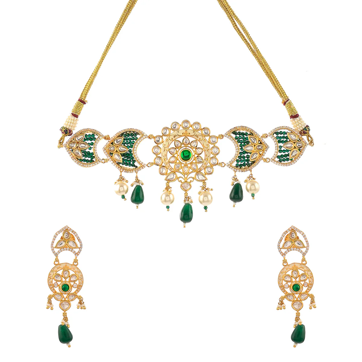 White Faux Pearls and Kundan Adorned Floral Gold Plated Brass Jewellery Set - Image 4
