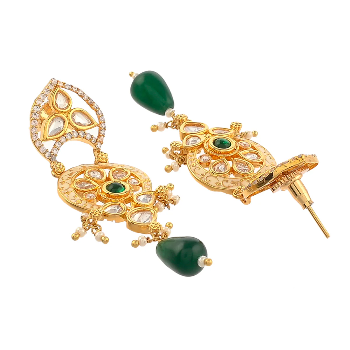 White Faux Pearls and Kundan Adorned Floral Gold Plated Brass Jewellery Set - Image 5