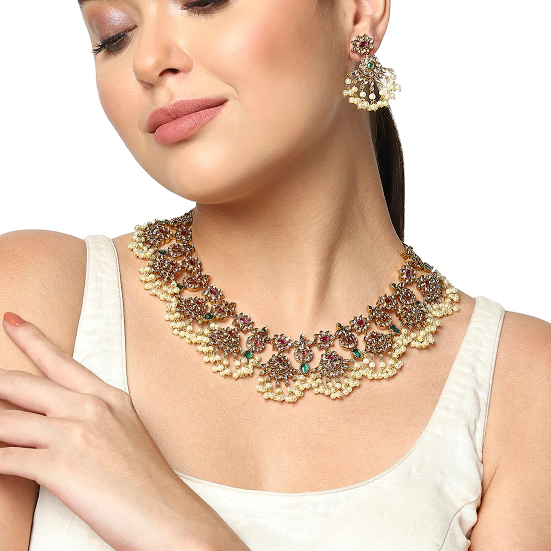 White Faux Pearls and Zircons Adorned Brass Gold Toned Jewellery Set - Image 2