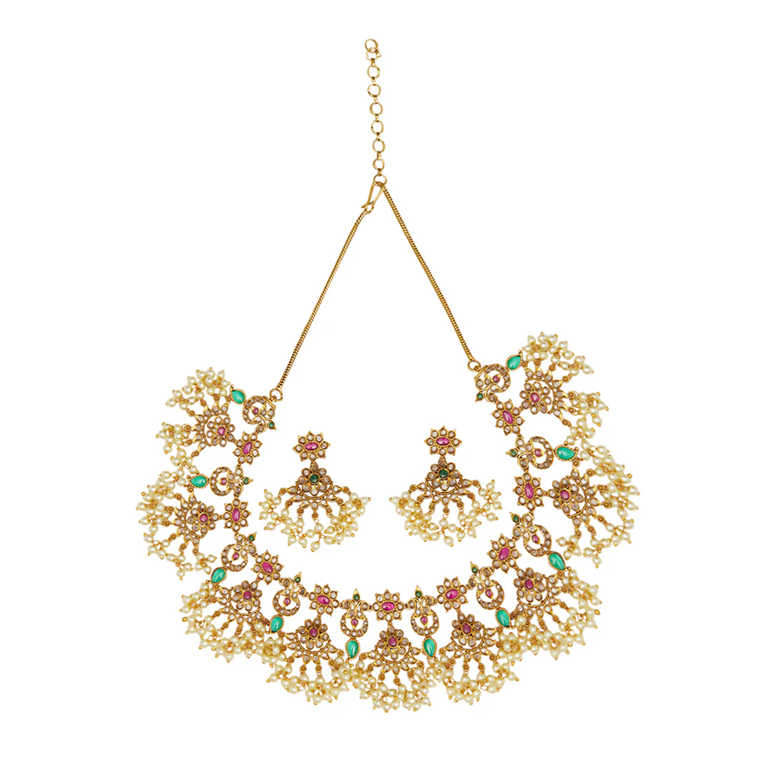 White Faux Pearls and Zircons Adorned Brass Gold Toned Jewellery Set - Image 3
